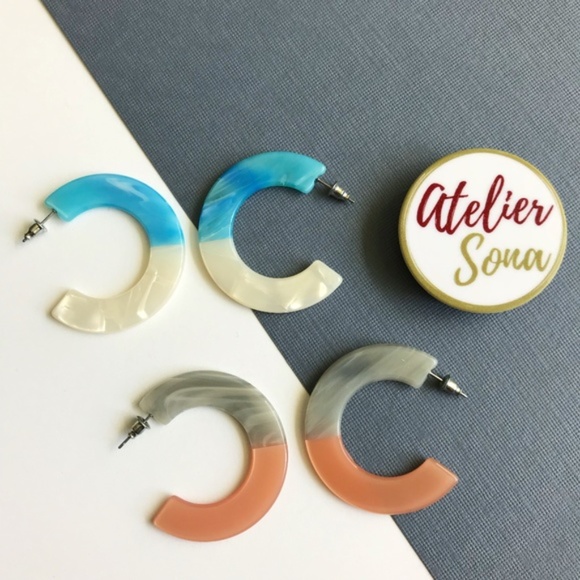 Acrylic Semi Hoop Earrings Blue - Sharise - Picture 2 of 2